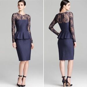 David Meister Lace Peplum Navy Blue Textured Long Lace Sleeves. 2 NWT
